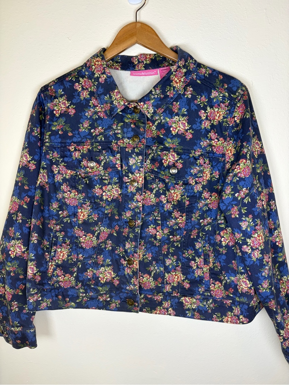 Woman Within Floral Denim Jacket 16W Blue Rose Print Button Front Cottagecore